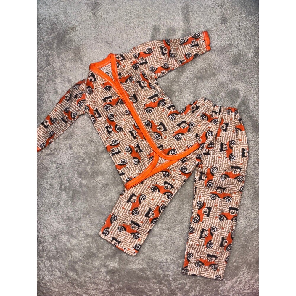 Vintage 1960s 1970s Ken Doll Size Pajamas Set Antique Car Print Orange Trim